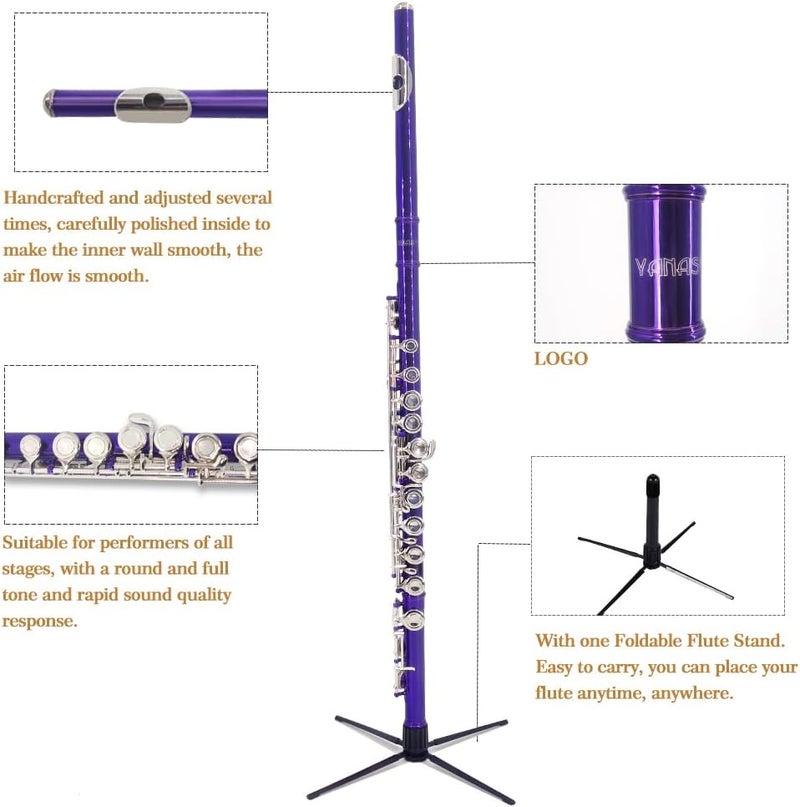 YANASON Purple C Flute Closed Hole 16 Keys Flute Nickel-Plated for Beginner, Student and Professionals with Carrying case, Metal stand, Gloves, Tuning Rod, Cleaning kit(Purple) - Image 4